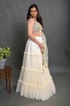 Buy_Priti Sahni_Ivory Silk, Tulle Sequins, Embellished Mirrorwork Blouse With Tiered Lehenga Set _Online_at_Aza_Fashions