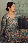 KARAJ JAIPUR_Grey Kurta And Sharara- Muslin Printed Botanical Patterns V Neck Flared Set _at_Aza_Fashions