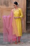 Yati_Yellow Kurta  Silk Chanderi Hand Embroidered Zardosi V Neck A-line Set_Online_at_Aza_Fashions