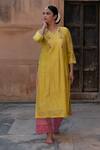 Buy_Yati_Yellow Kurta  Silk Chanderi Hand Embroidered Zardosi V Neck A-line Set_Online_at_Aza_Fashions