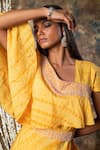 Kesar Studio_Yellow Silk Beads Asymmetric Shibori Dye Top And Overlay Pant Set_Online_at_Aza_Fashions