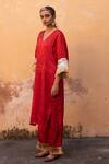 Shop_Avaasya Jaipur_Red Gabardine, Silk Fringe, Embroidery Sleeve Embellished Kurta And Pant Set  _Online_at_Aza_Fashions