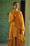 Shop_KARAJ JAIPUR_Yellow Kurta And Sharara- Muslin Printed Flower Buttis V Neck Flared Set _at_Aza_Fashions