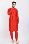 Samant Chauhan_Red Suede Embroidery Stitchline Geometric Bundi Set _Online_at_Aza_Fashions