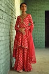 Buy_KARAJ JAIPUR_Red Kurta And Sharara- Muslin Printed Floret Buttis V Neck Flared Set _Online_at_Aza_Fashions