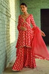 Shop_KARAJ JAIPUR_Red Kurta And Sharara- Muslin Printed Floret Buttis V Neck Flared Set _Online_at_Aza_Fashions