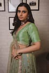 Shop_Priti Sahni_Green Georgette, Tulle, Silk Gota Patti, Floral Pattern Frill Lehenga Set _Online_at_Aza_Fashions