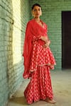 KARAJ JAIPUR_Red Kurta And Sharara- Muslin Printed Floret Buttis V Neck Flared Set _at_Aza_Fashions