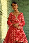 Shop_KARAJ JAIPUR_Red Kurta And Sharara- Muslin Printed Floret Buttis V Neck Flared Set _at_Aza_Fashions