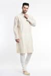Shop_Samant Chauhan_Ivory Cotton Silk Embroidery Thread Mandarin Collar Kurta Set_Online_at_Aza_Fashions