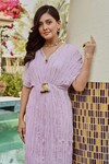 Shop_Palak & Mehak_Purple Rayon Crepe Lurex Woven Stripe V Neck Masha Kaftan _Online_at_Aza_Fashions