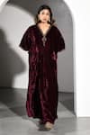 Buy_K-Anshika_Maroon Velvet Embroidery V-neck Zari Neckline Kaftan _Online_at_Aza_Fashions