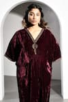 Shop_K-Anshika_Maroon Velvet Embroidery V-neck Zari Neckline Kaftan _Online_at_Aza_Fashions