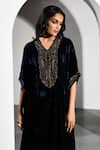 Shop_K-Anshika_Blue Velvet Embroidery Zari V Neck Paisley Neckline Kurta _Online_at_Aza_Fashions