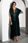 K-Anshika_Green Velvet Embroidery Zari V Neck Neckline Kurta _at_Aza_Fashions