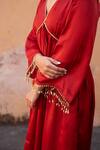 Avaasya Jaipur_Red Cotton, Silk Tassels V-neck Gathered Kurta And Pant Set _Online_at_Aza_Fashions
