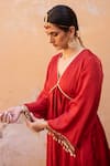 Buy_Avaasya Jaipur_Red Cotton, Silk Tassels V-neck Gathered Kurta And Pant Set _Online_at_Aza_Fashions