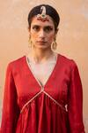 Shop_Avaasya Jaipur_Red Cotton, Silk Tassels V-neck Gathered Kurta And Pant Set _Online_at_Aza_Fashions
