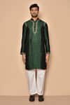 Aryavir Malhotra_Green Banarasi Silk Embroidered Floral Placement Kurta _Online_at_Aza_Fashions