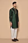 Shop_Aryavir Malhotra_Green Banarasi Silk Embroidered Floral Placement Kurta _Online_at_Aza_Fashions