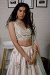 Priti Sahni_Ivory Silk, Tulle Pearls, Sequins V-neck Raw Floral Embroidered Lehenga Set _Online_at_Aza_Fashions
