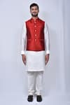 Buy_Arihant Rai Sinha_Red Art Silk Plain Crystal Buttonned Nehru Jacket _Online_at_Aza_Fashions