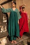 Shop_Avaasya Jaipur_Green Cotton, Silk Gota Patti V-neck Front Gathered Anarkali And Pant Set _Online_at_Aza_Fashions