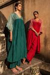 Avaasya Jaipur_Green Cotton, Silk Gota Patti V-neck Front Gathered Anarkali And Pant Set _at_Aza_Fashions