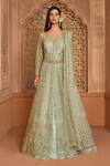 Kalighata_Green Organza Sequins, Embroidery V-neck Queen Jacket Lehenga Set _Online_at_Aza_Fashions