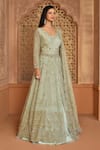 Kalighata_Green Organza Sequins, Embroidery V-neck Queen Jacket Lehenga Set _at_Aza_Fashions