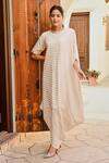 Palak & Mehak_Ivory Gerogette Lurex Embroidery Ziva Asymmetric Stripe Pattern Dress With Belt _Online_at_Aza_Fashions