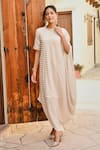 Shop_Palak & Mehak_Ivory Gerogette Lurex Embroidery Ziva Asymmetric Stripe Pattern Dress With Belt _Online_at_Aza_Fashions