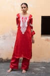 Buy_Avaasya Jaipur_Red Cotton, Silk Embroidery Split V-neck Kurta And Pant Set _Online_at_Aza_Fashions