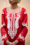 Avaasya Jaipur_Red Cotton, Silk Embroidery Split V-neck Kurta And Pant Set _at_Aza_Fashions