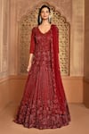 Kalighata_Maroon Net Embroidery, Sequins V-neck Sea Noor Gown _Online_at_Aza_Fashions