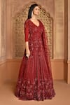 Shop_Kalighata_Maroon Net Embroidery, Sequins V-neck Sea Noor Gown _Online_at_Aza_Fashions