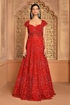 Kalighata_Red Net Cut Work, Sequins Sweetheart Neck Noor Embroidered Flared Gown _Online_at_Aza_Fashions