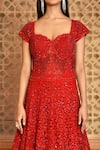 Kalighata_Red Net Cut Work, Sequins Sweetheart Neck Noor Embroidered Flared Gown _at_Aza_Fashions