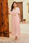 Palak & Mehak_Pink Rayon Crepe Lurex Woven Stripe V Neck Masha Pattern Kaftan _Online_at_Aza_Fashions