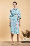 Divi By Sonal Khandelwal_Sky Blue Cotton Embroidery Collared Lotus Print Shirt Dress _at_Aza_Fashions