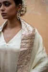 Shop_Avaasya Jaipur_White Gabardine, Organza Fringe, Embroidery V-neck Gajji Silk Kurta Set _Online_at_Aza_Fashions