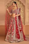 Shop_Kalighata_Maroon Silk Embroidery V-neck Raw Floral Bridal Lehenga Set _Online_at_Aza_Fashions