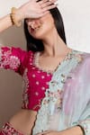 Kesar Studio_Pink Bamboo, Chiffon Embroidery Scoop Neck Floral Bunch Lehenga Set _Online_at_Aza_Fashions