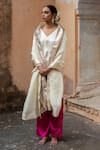 Shop_Avaasya Jaipur_White Gabardine, Organza Fringe, Embroidery V-neck Gajji Silk Kurta Set 