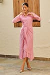 Palak & Mehak_Pink Rayon Crepe Lurex Woven Stripe Spread Collar Lily Dress _Online_at_Aza_Fashions