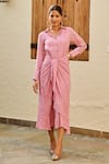 Buy_Palak & Mehak_Pink Rayon Crepe Lurex Woven Stripe Spread Collar Lily Dress _Online_at_Aza_Fashions