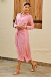 Shop_Palak & Mehak_Pink Rayon Crepe Lurex Woven Stripe Spread Collar Lily Dress _Online_at_Aza_Fashions