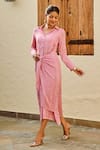 Palak & Mehak_Pink Rayon Crepe Lurex Woven Stripe Spread Collar Lily Dress _at_Aza_Fashions