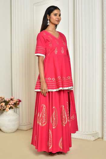 Pink - Hand Block Print Cotton A-Line Sanganeri Kurta for women 04