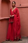 Buy_Deep Thee_Red Chanderi Embroidery Zari Deep V Neck Peplum Angrakha Set _Online_at_Aza_Fashions